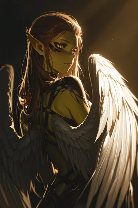 masterpiece, best quality, absurdres,
<lora:BGLaezel:1.0>
BGLaezel, 1girl, brown hair, long hair, colored skin, pointy ears, looking at viewer, low light, dramatic lighting, darkness, wings, angel wings on back