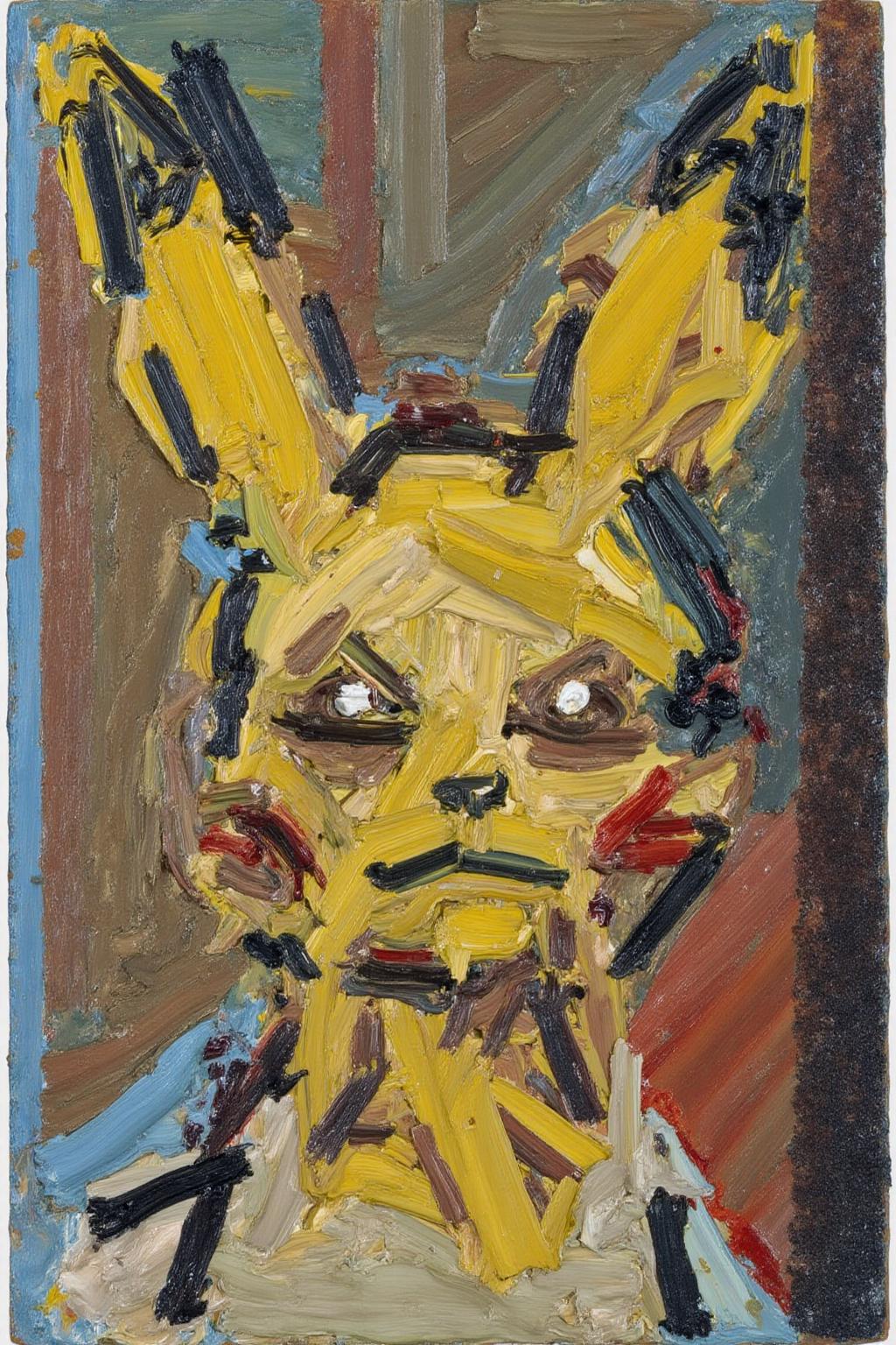 fraauer1 abstract painting. An abstract expressionist painting. The artwork features a stylized, abstract depiction of Pikachu's face using thick, impasto brushstrokes in various colors. The central figure, Pikachu, is rendered in a chaotic, expressive manner. Pikachu is painted in a mix of yellows, browns, and blacks, with some hints of blue and red. The colors are applied in rough, textured strokes, giving the face a rough, almost rugged appearance. <lora:fraauer1_cap_d6a3:1.0><lora:811804035326737421:0>