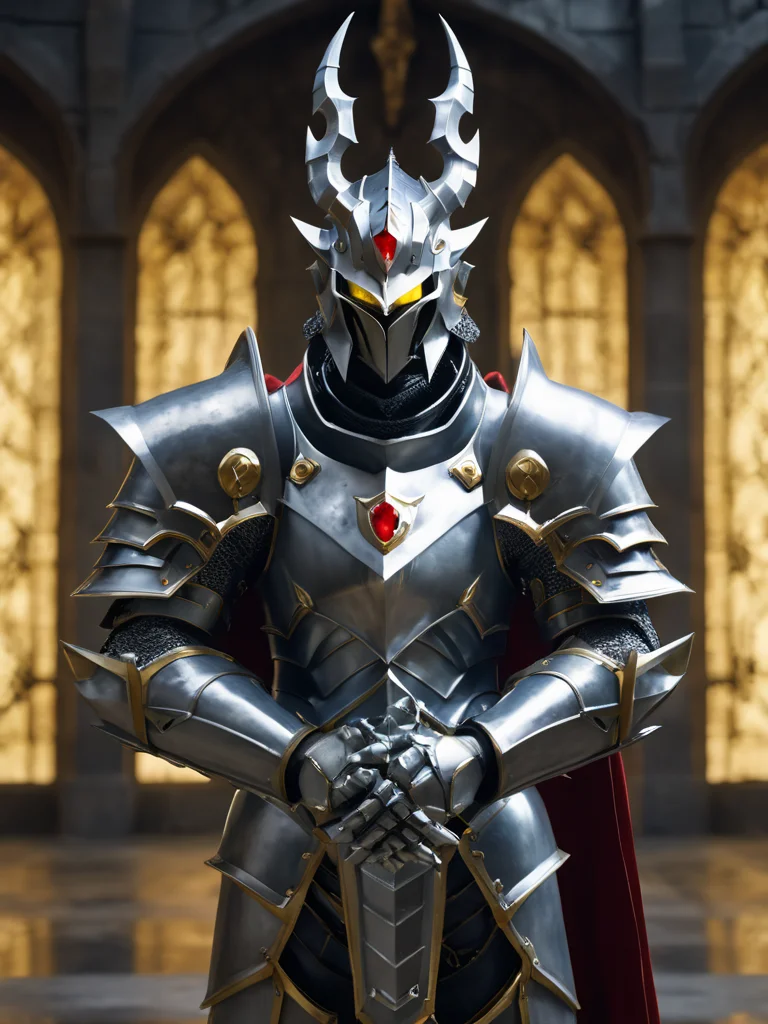 1boy,upper body,arms folded,arms crossed,solo,dorugoramon,knight,castle,indoors,armor,cape,horns,pauldrons,breastplate,yellow eyes,forehead gem,red gem,raw photo,8k,cinematic shot,realistic,<lora:DORUgoramonXL:0.75>