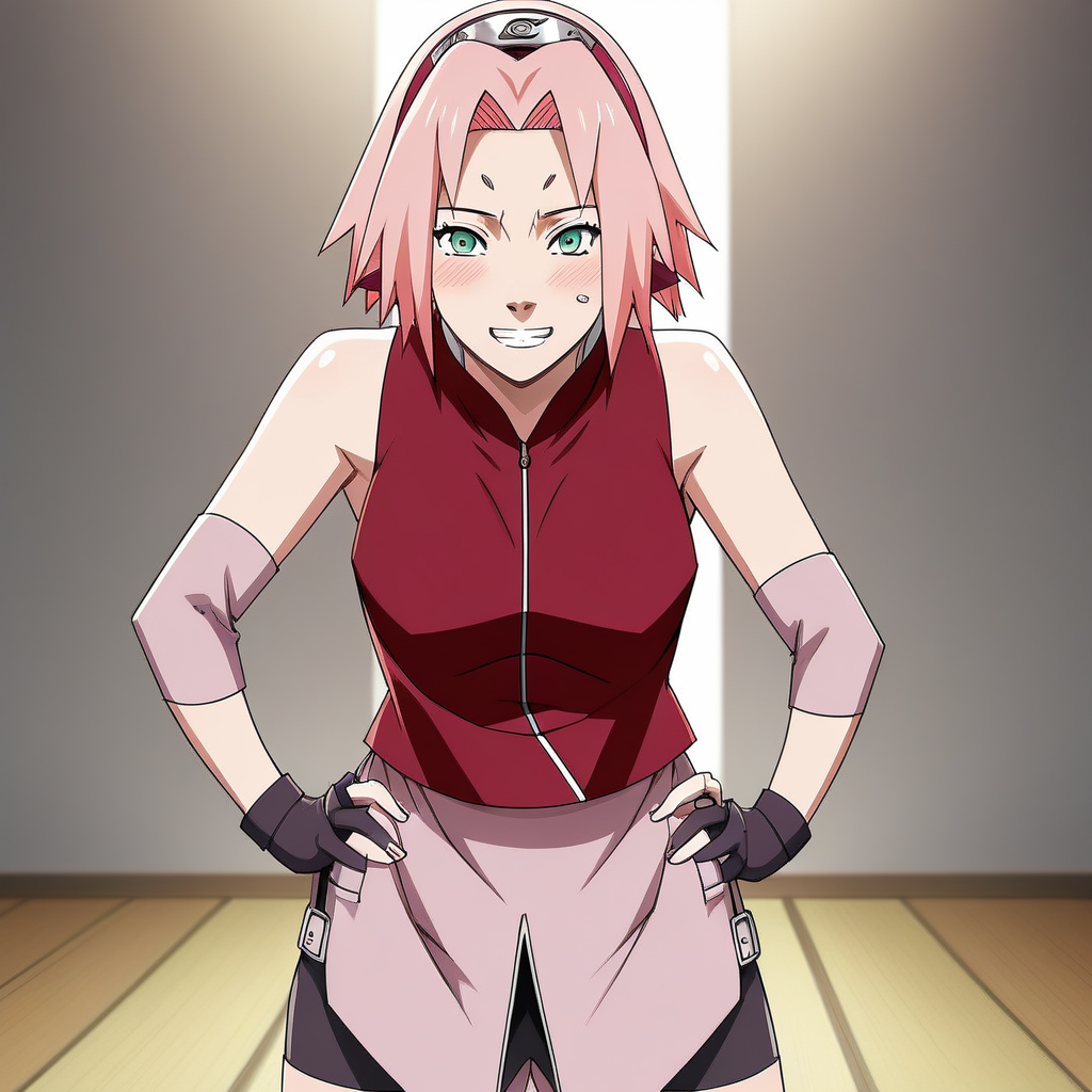 Rating:Safe , A hot and naughty picture of Sakura Haruno with hands on her hips leaning forward ; naughty teasing smile