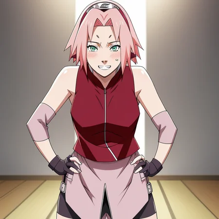 Rating:Safe , A hot and naughty picture of Sakura Haruno with hands on her hips leaning forward ; naughty teasing smile