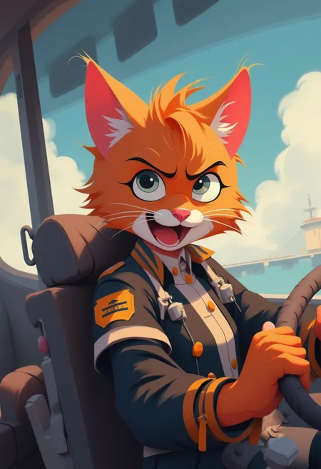 anime, cartoon, 2d flat illustration, pixar movie still of an angry cute cat driving as a battleship captain 8k UHD HDR