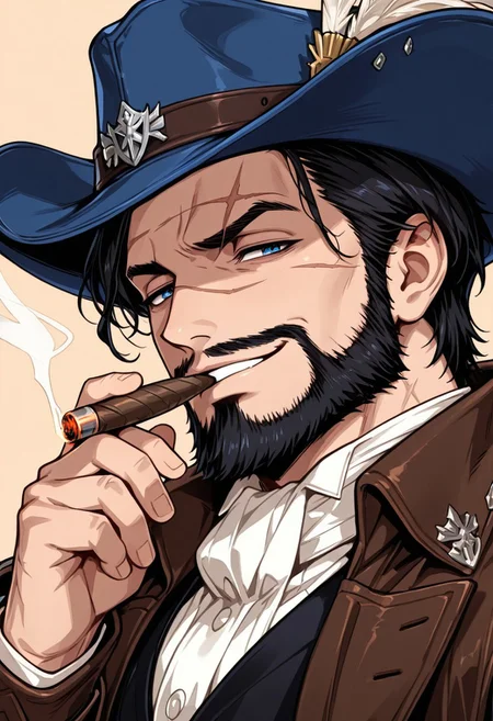 ww1era, victorianera, 18cera, alone, solo, close up, close view, portrait, simple background, amber background, 1man, adult man, blue eyes, light skin, black hair, black beard, scars in face, rugged face, 3 day beard, deep brown duster, white shirt, black vest, blue jeans, cowboy boots, blue cowboy hat, blue hat, smug face, challenging face, arrogant, confident pose, cool, confident, smoking, smoking a cigar
<lora:RavenScript :1>