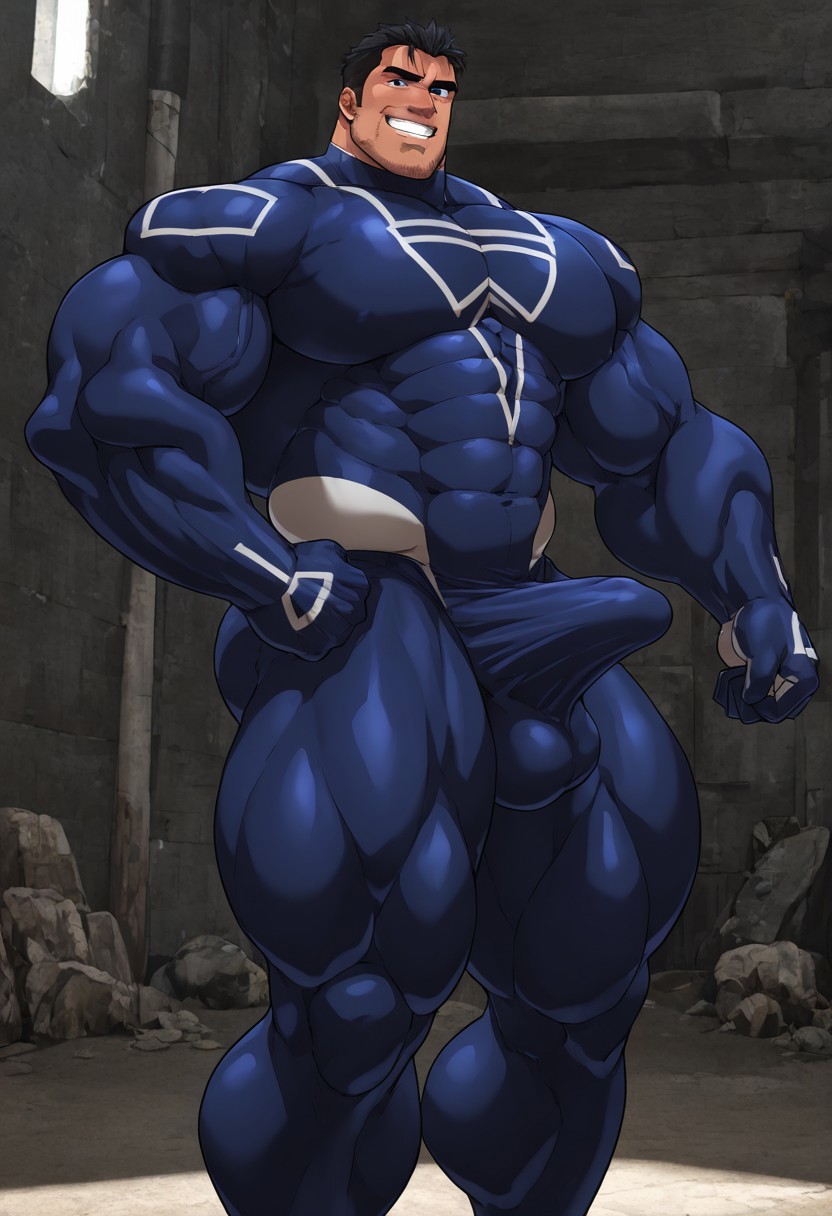 1boy, male focus, black eyes, solo, 1boy, male focus, bara, muscular,, big pecs, broad shoulders, thick thighs, detailed background, perfect anatomy, masterpiece, perfect quality, best quality, detailed eyes, detailed, newest, very aesthetic, Liftman, Blue Titan, blue bodysuit, skin tight, flexing arms, grin, erection under clothes
