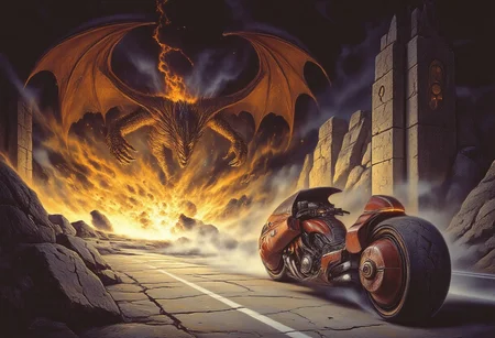 Under the scorching sun of a barren desert, an imposing motorcyclist speeds away along a lonely, cracked road. His leather jacket flaps in the wind, his aviator goggles reflect the heat-distorted horizon, and his motorcycle roars loudly, leaving a cloud of dust and sand in its wake. In the sky, a colossal dragon with burning scales and membranous wings rushes toward him with its jaws agape, exhaling a blast of flame that illuminates the scene with a hellish glow. Its sharp claws extend, seeking to ensnare its prey, while its shadow darkens the scorching asphalt. The background shows distant rocky mountains and motionless dunes, contrasting with the frenetic action in the foreground. The illustration, in a vibrant Japanese manga style, emphasizes speed with kinetic effects, action lines, and a dramatic play of light and shadow that intensifies the sense of danger and adrenaline. aidmamj6.1, aidmafluxpro1.1, ArsMJStyle, dnddarkestfantasy, mad-cbrbk.