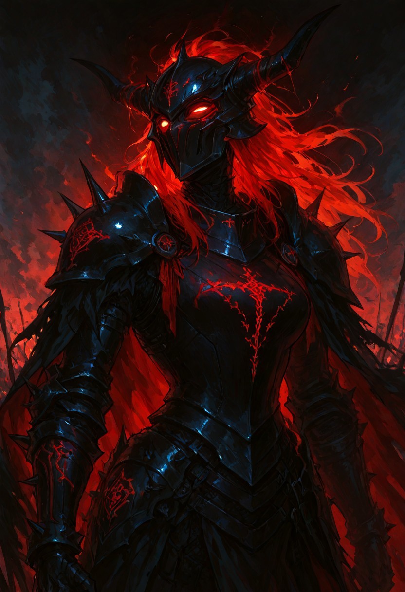 (masterpiece), (best quality), (ultra-detailed), amazing quality, very aesthetic, illustration, newest, upper body, colorful, vibrant, looking to the side, (oil painting:1.1), cinematic lighting, <lora:Avarice:1>, edgeofavarice, avarice, glowing red runes, dark fantasy,
1girl, solo, cape, owl_emblem_on_cape long sleeves, faulds, horned helmet, full_helmet, black and red armor, spiked armor, spiked gauntlets, spiked helmet, full_armor, full_plate_armor, horned_helmet, black_armor, spiked_shoulders, clawed_gauntlets, cursed_emblem, segmented_faulds, tattered_cape, aura_of_dread, intimidating_presence, hellish_glow, massive_blade, battlefield_setting, heavy_armor, red hair