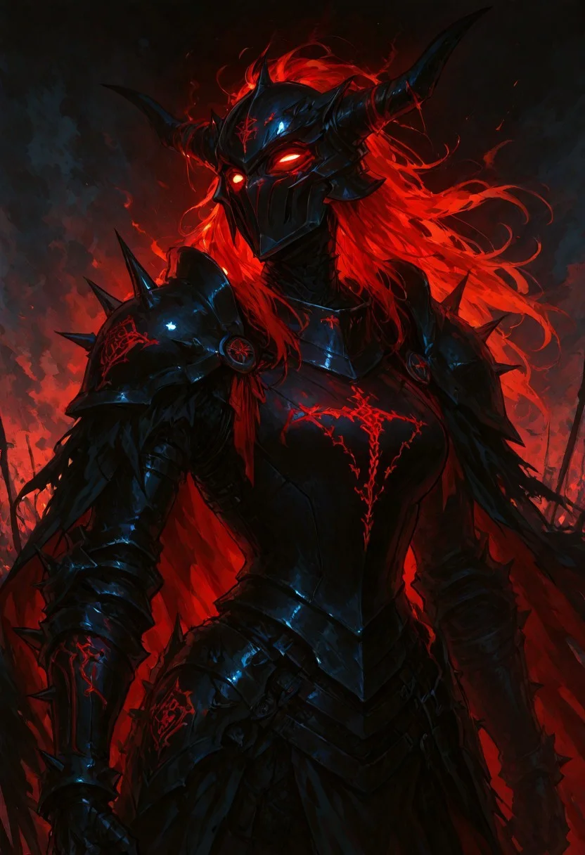 (masterpiece), (best quality), (ultra-detailed), amazing quality, very aesthetic, illustration, newest, upper body, colorful, vibrant, looking to the side, (oil painting:1.1), cinematic lighting, <lora:Avarice:1>, edgeofavarice, avarice, glowing red runes, dark fantasy,
1girl, solo, cape, owl_emblem_on_cape long sleeves, faulds, horned helmet, full_helmet, black and red armor, spiked armor, spiked gauntlets, spiked helmet, full_armor, full_plate_armor, horned_helmet, black_armor, spiked_shoulders, clawed_gauntlets, cursed_emblem, segmented_faulds, tattered_cape, aura_of_dread, intimidating_presence, hellish_glow, massive_blade, battlefield_setting, heavy_armor, red hair