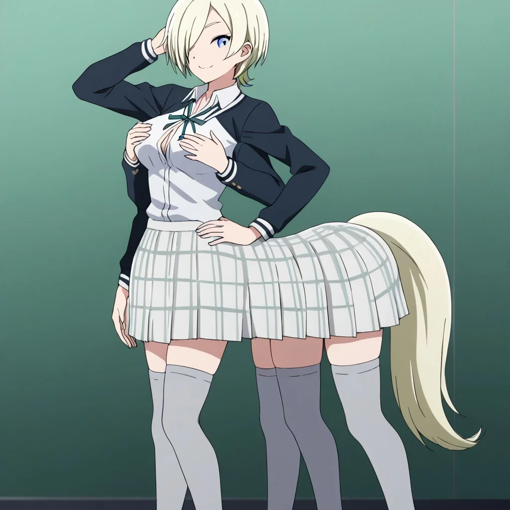 (full body), source_anime, simple_background, (((1girl))), profile, (((solo))), <lora:mia-taylor-s2-ponyxl-lora-nochekaiser:1>, mia taylor, short hair, blonde hair, purple eyes, hair over one eye,skirt, shirt, ribbon, school uniform, collared shirt, plaid, black shirt, neck ribbon, plaid skirt, white skirt, jacket, checkered skirt, nijigasaki academy school uniform,((grey thighhighs)), (((humantaur, second body, blonde tail))), ((six arms)), hand on hair, hand on breast, hand on hip, happy, smile, one eye closed, wide hips, curves, cleavage, looking at viewer