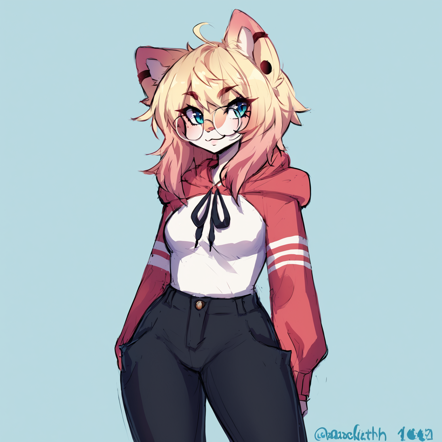 score_9, score_8_up <lora:Aska-PONY:1> aska, female, looking at viewer, standing, glasses, smile, hoodie, pants, simple background