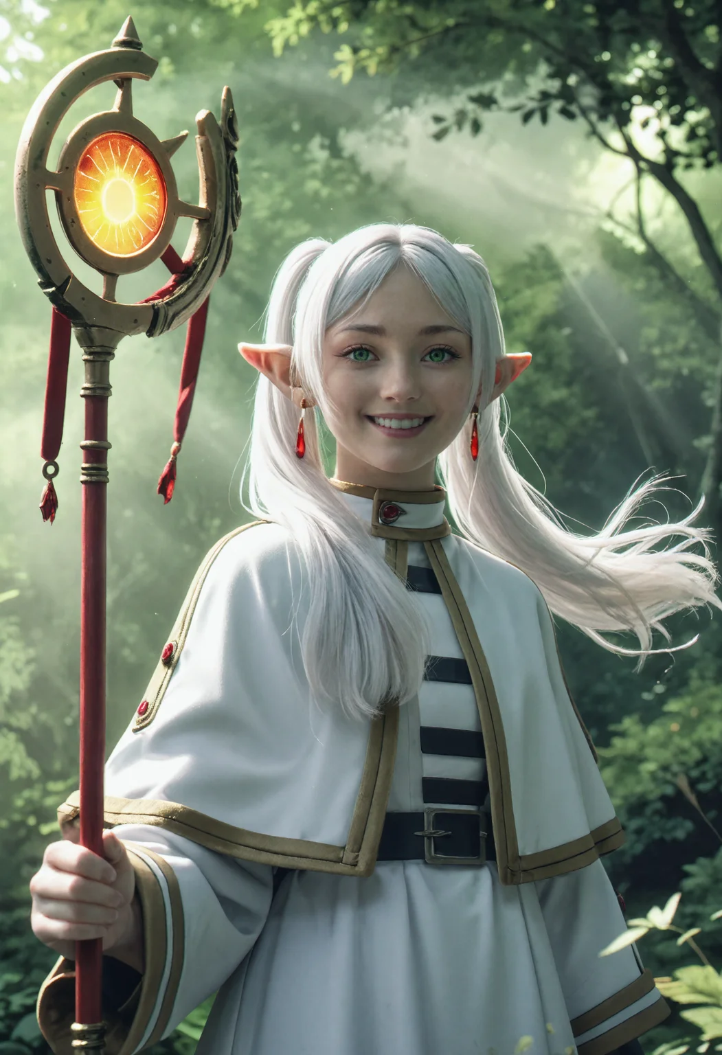 score_8_up, highres, 8k, detailed_background, vivid, natural dynamic lighting, <lora:RMSDXL_Creative:2> ,<lora:zy_Realism_Enhancer_v2:0.7>, <lora:hand 5.5:0.7>,
<lora:Frieren:0.7> frieren, long hair, pointy ears, twintails, earrings, green eyes, white capelet, glowing staff, white hair, beautiful, fantasy , closed_smile,