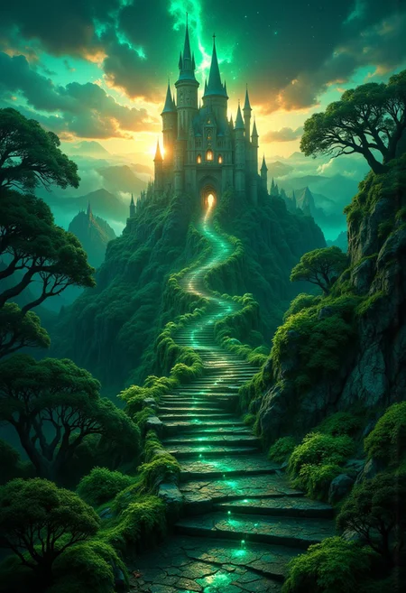 The Emerald Road, Image of a neverending staircase up to the sky,castle,sunrise, fog,see-through, best quality, whimsical, fantastic, splash art, intricate detailed, hyperdetailed, photorealistic, concept art, harmony, serenity, tranquility, glow, glowing, ambient occlusion, halation, cozy ambient lighting, dynamic lighting,masterpiece, liiv1, linquivera, metix, mentixis, masterpiece, award winning,