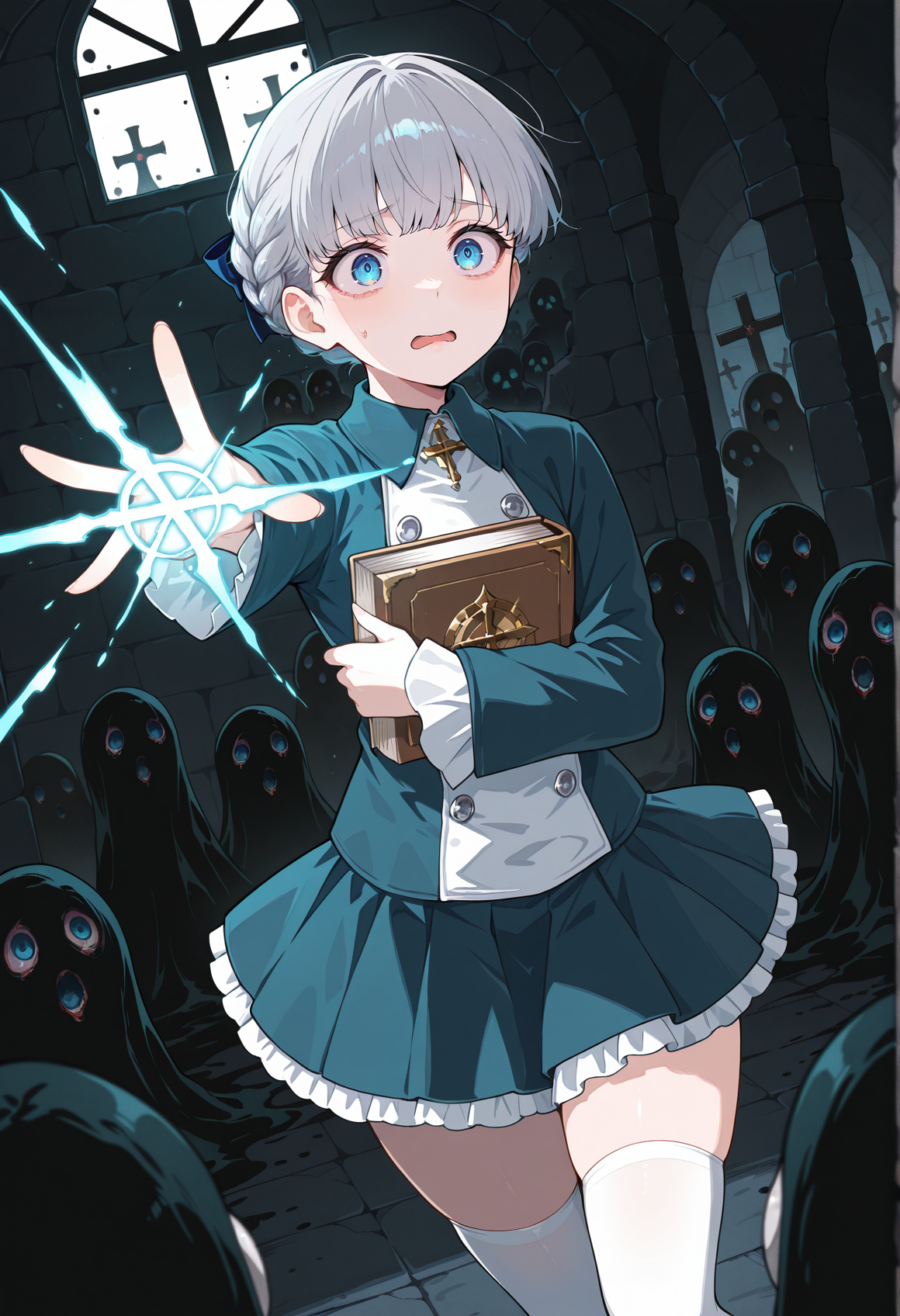 horror \(theme\), 1girl, solo, grey hair, blue eyes, braid, hair ribbon, cross, jacket, buttons, long sleeves, frills, pleated skirt, white thighhighs, indoors, dungeon, darkness, outstretched arm, surrounded, ghosts, monster, holding book, casting spell, scared <lora:Alice_Elliot:1>, masterpiece, best quality, amazing quality, very aesthetic, absurdres, highres, newest