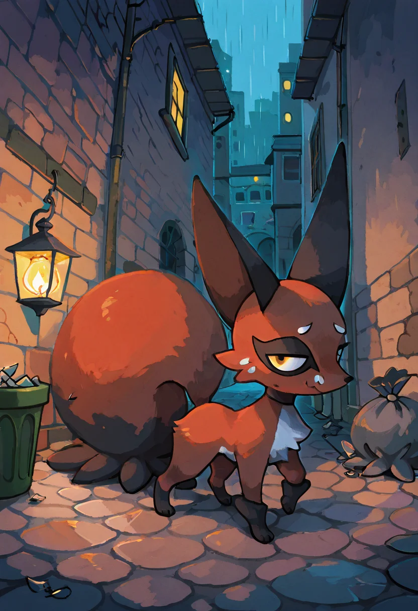 masterpiece, best quality, looking at viewer, zzNickit, moonlit alleyway, cobblestone street, toppled trash cans, dim lantern light, stealthy crouch, cautious glance backward, soft rain, distant city sounds â In a narrow alley slick with rain, zzNickit crouches low beside a toppled trash can, ears perked as it glances back over its shoulder. The flickering lantern above casts long shadows across the cobblestones, and droplets patter softly on rusted tin and broken glass. Beyond the alley, the muffled hum of the city stirs like a distant threat. ,<lora:NickitPokedex_IXL_v1:1.0>,