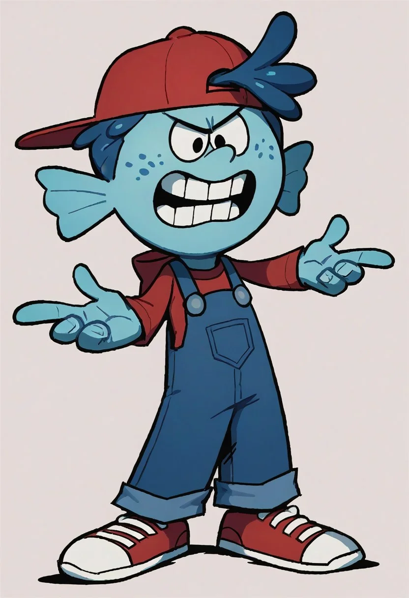 (score_9 | score_8_up | score_7_up) ((masterpiece:1))(best quality,very high quality,ultra detailed:1.2) (2D,cartoon style,anime style)(Smooth:2)(clean blurring) (four fingers on each hand,one thumb on each hand:1), Leif Loud, solo, 1boy, missing teeth, red baseball cap facing backwards, blue overalls, white shoes, light aquamarine skin color, dark-blue tentacle hair, freckles, large fins acting as ears