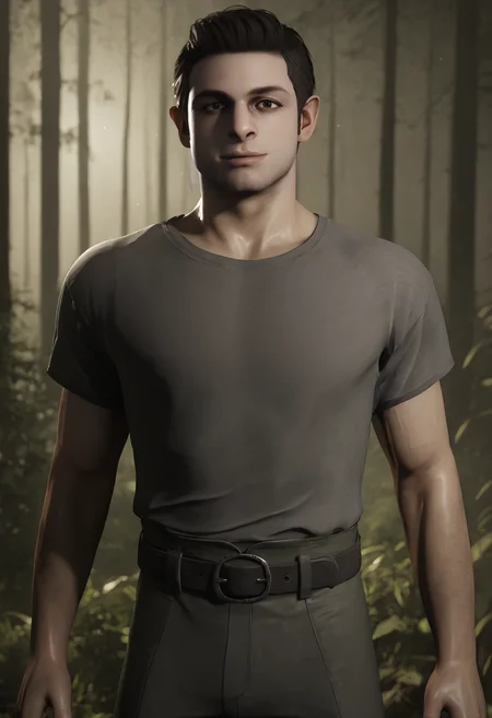 score_9, score_8_up, score_7_up, 3d <lora:jacob_custos_pony_epoch_7:1> 1boy, male 50s_jacob_custos, charcoal grey shirt, belt, trousers, forest, looking at viewer, confident expression, <lora:jockstrap:0.65>
