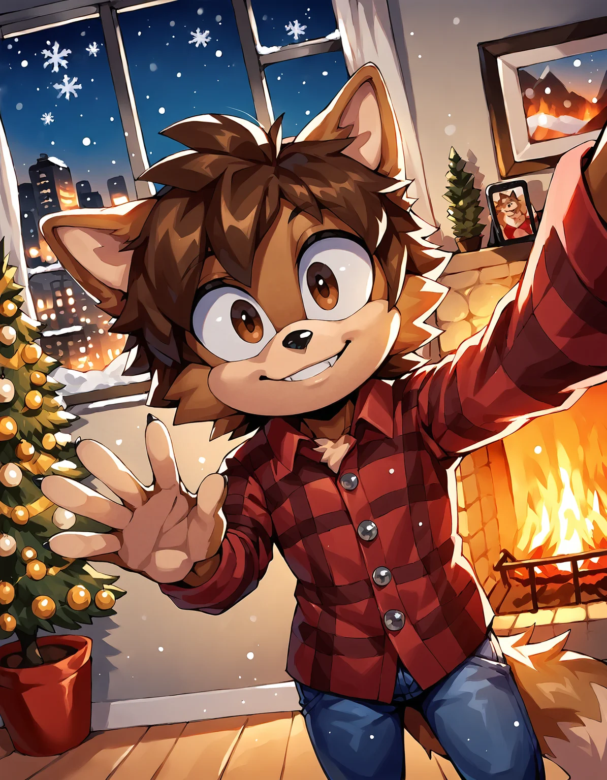 score_9, score_8_up, rating_safe, Sonic (series), solo, 1boy, Anthro wolf, short stack, brown hair, brown fur, brown eyes, messy hair, medium hair, jeans, red flannel, waving, smile, looking at viewer, snow, snowflakes, evening, living room, fireplace, window, cityscape, starry sky, selfie <lora:Smooth Anime 2 Style SDXL_LoRA_Pony Diffusion V6 XL:0.6> <lora:sonicmegacollection:0.8>