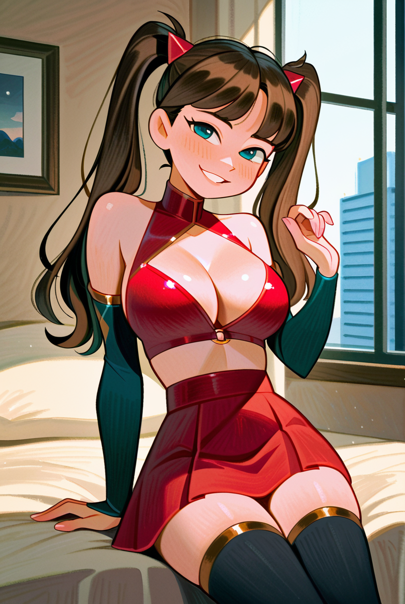frdbns, masterpiece, amazing quality, best quality,  aesthetic, 1girl, brown hair, long hair, twintails, long twintails, aqua blue eyes, large breasts, red top, cleavage, midriff, red skirt, black thighhighs, detached sleeves, looking at viewer, smile, parted lips, posed, portrait, indoors, hotel room, window, toyko skyline, 