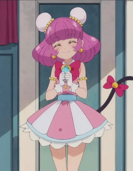 score_9, score_8_up, score_7_up, anime screencap, solo,1girl,mao, smile, white gloves, pink dress, striped skirt,jewelry, earrings, bow, sleeveless, bun cover, black cat tail, tail ornament,cowboy shot,closed eyes,blush<lora:mao:0.8>
