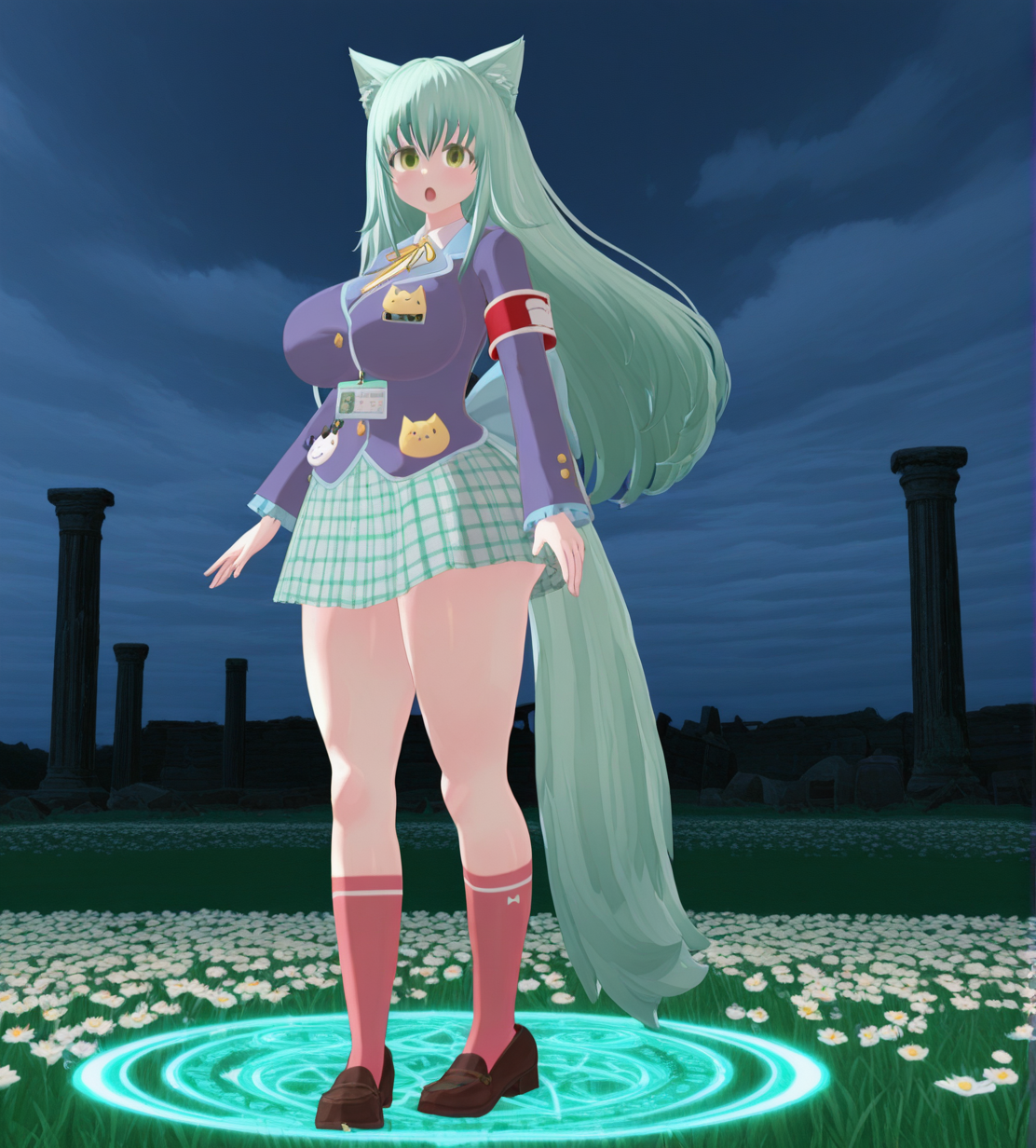 1girl, wild hips, huge breasts, aged up, alternate hair length, breasts, cloud, cloudy sky, day, field, flower, flower field, grass, ice, looking at viewer, open mouth, outdoors, petals, sky, solo, magic circle, ruins, night, glowing, stone, pillar,
VGCã¹ã¿ã³ã[TKSPï¼ã¿ã¯ã¹ãï¼],
animal ears,
long hair,green hair,
bangs,
green eyes,
blazer,purple blazer,
back bow,blue bow,
armband,blue armband,red armband,
id card,
clothing ornament,cat ornament,
white shirt, collared shirt,
neck ribbon, yellow ribbon,
plaid skirt,green skirt,
kneehighs,
loafers,brown footwear,
intricate details,detailed background, 3d,
<lora:noobaiXLNAIXL_epsilonPred11Version-lora:0.1> <lora:anatomy_helper:1><lora:Curve slider IXL2_alpha16.0_rank32_full_last:3>  <lora:VGCã¹ã¿ã³ãTKSPã¿ã¯ã¹ã.2:1.1>