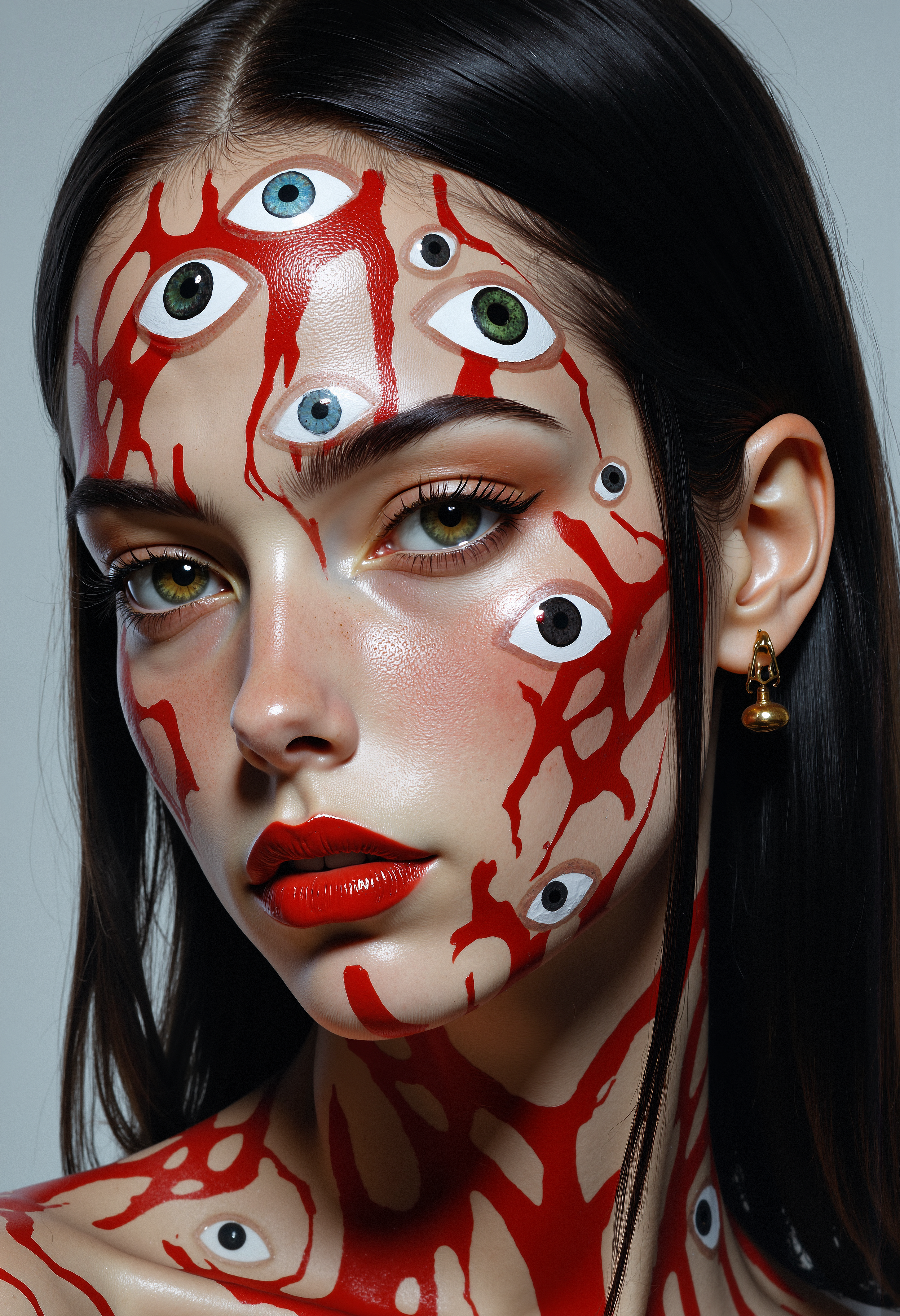 A close-up of a human face painted with a surreal design of red and beige. The face has multiple realistic, floating eyes arranged across the forehead, cheeks, and chin. The eyes are placed within red flowing lines that create an abstract pattern on the skin. The personâs actual eyes are visible but blend into the overall pattern. The individual has straight, black hair and wears a hairpin with two detailed eye-shaped ornaments. The lighting is even, and the background is plain and neutral, putting all focus on the intricate face design. The style is hyper-realistic with surreal elements.   <lora:FluxMythP0rtr4itStyle:0.8> MythP0rt, <lora:aidmaMJ6.1-FLUX-V0.2:0.6> aidmaMJ6.1, <lora:sxz-Dark-Fantasy-v2-Flux:0.66> drkfnts style,