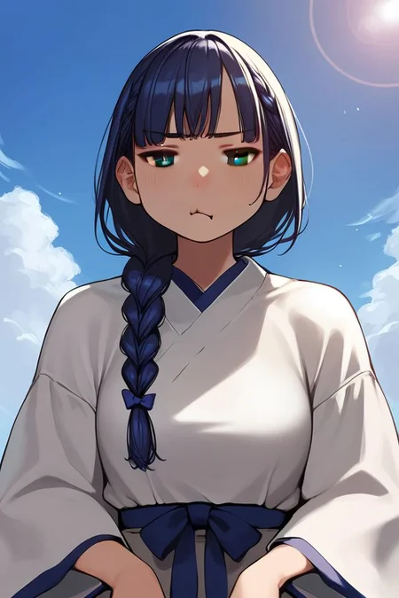 score_9, score_8_up, score_7_up, 1girl, pout, dark_blue hair, heavy_fringe, low-braided_long_hair, beige eyes, medium breasts, wide sleeves, cooling tower, lens flare <lora:yomu_(sgt_epper)_PonyXL_style_v01:1>