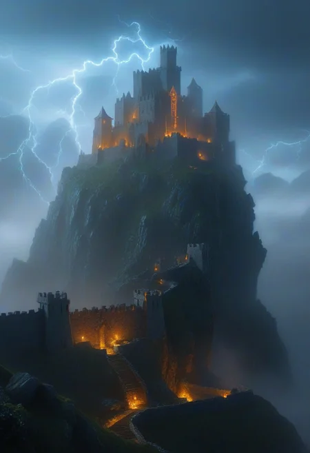 castle,
An ancient castle atop a jagged cliff, shrouded in mist, with glowing runes pulsing along its stone walls as thunder roars above.