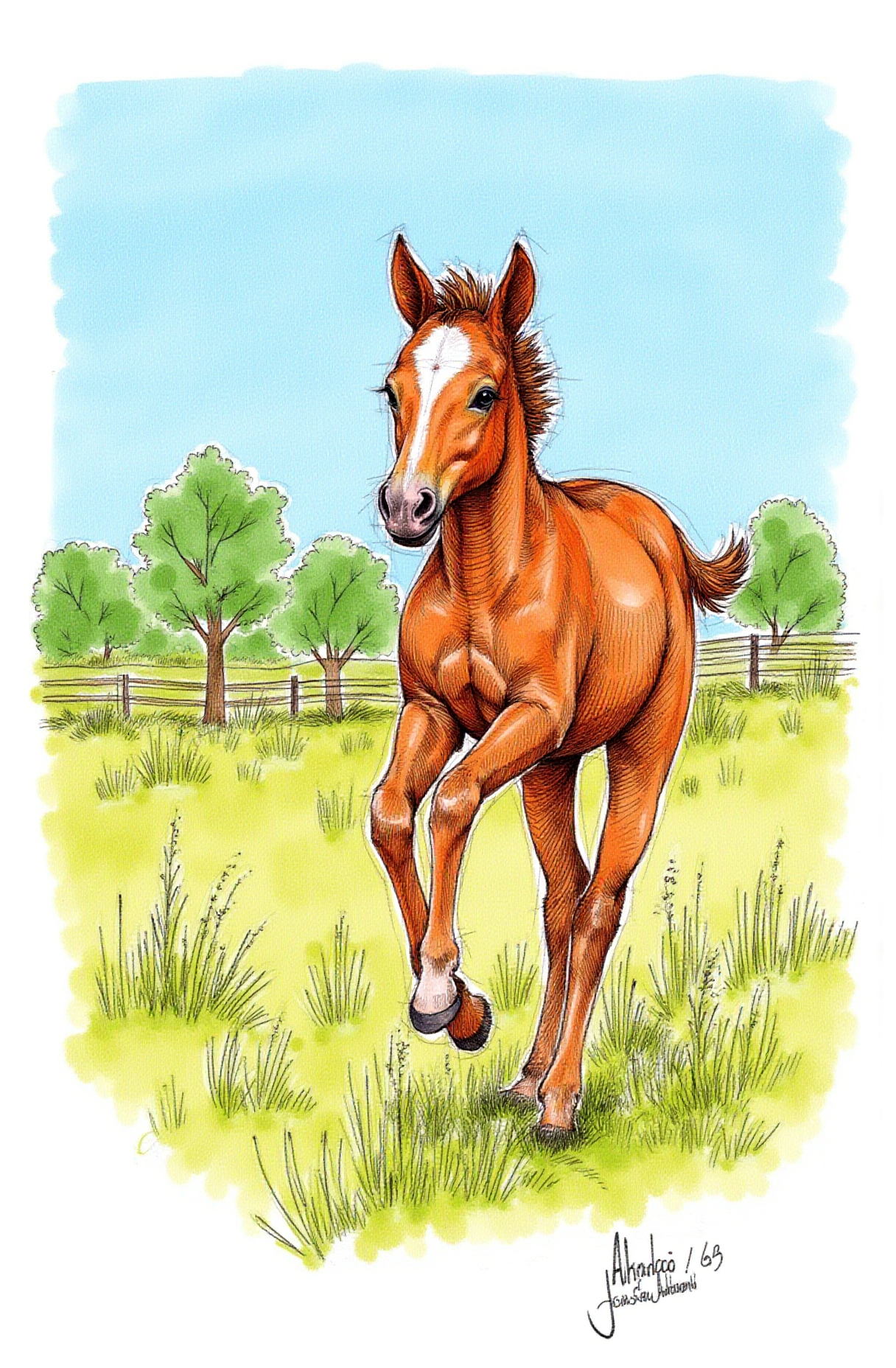 Sharp image of a rough sketch, rendered in vibrant multi colour ballpoint pen, capturing the adorable features of a foal running in a field. The foal is a chestnut color with a white patch on its forehead. It is galloping with its front legs stretched out and its tail flowing behind it. The field is covered in tall grass and there are trees in the background. The sky is blue and the overall mood of the image is peaceful and serene.  p3nsk, <lora:p3nsk:1>