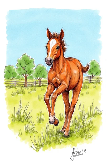 Sharp image of a rough sketch, rendered in vibrant multi colour ballpoint pen, capturing the adorable features of a foal running in a field. The foal is a chestnut color with a white patch on its forehead. It is galloping with its front legs stretched out and its tail flowing behind it. The field is covered in tall grass and there are trees in the background. The sky is blue and the overall mood of the image is peaceful and serene.  p3nsk, <lora:p3nsk:1>
