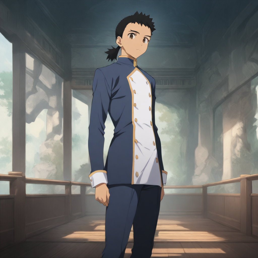 solo,looking at viewer,masterpiece,high score,great score,absurdres,<lora:Kenshi_Masaki ag4o v1:1> 1boy, kenshi_masaki, black hair, ponytail, brown eyes,blue long sleeves,white front with buttons,pants,