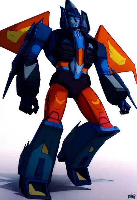score_9_up, score_8_up, score_7_up,score_6_up, 1boy, orange colors, robot man, orange and red, conehead. (((cone-like helmet))), delta wings, rating_safe, style_comics, robot, transformers, jet transformer with pointy helmet, action pose, gorgeous detailed eyes in the style of precisionism, ((wide focus)), blank white background