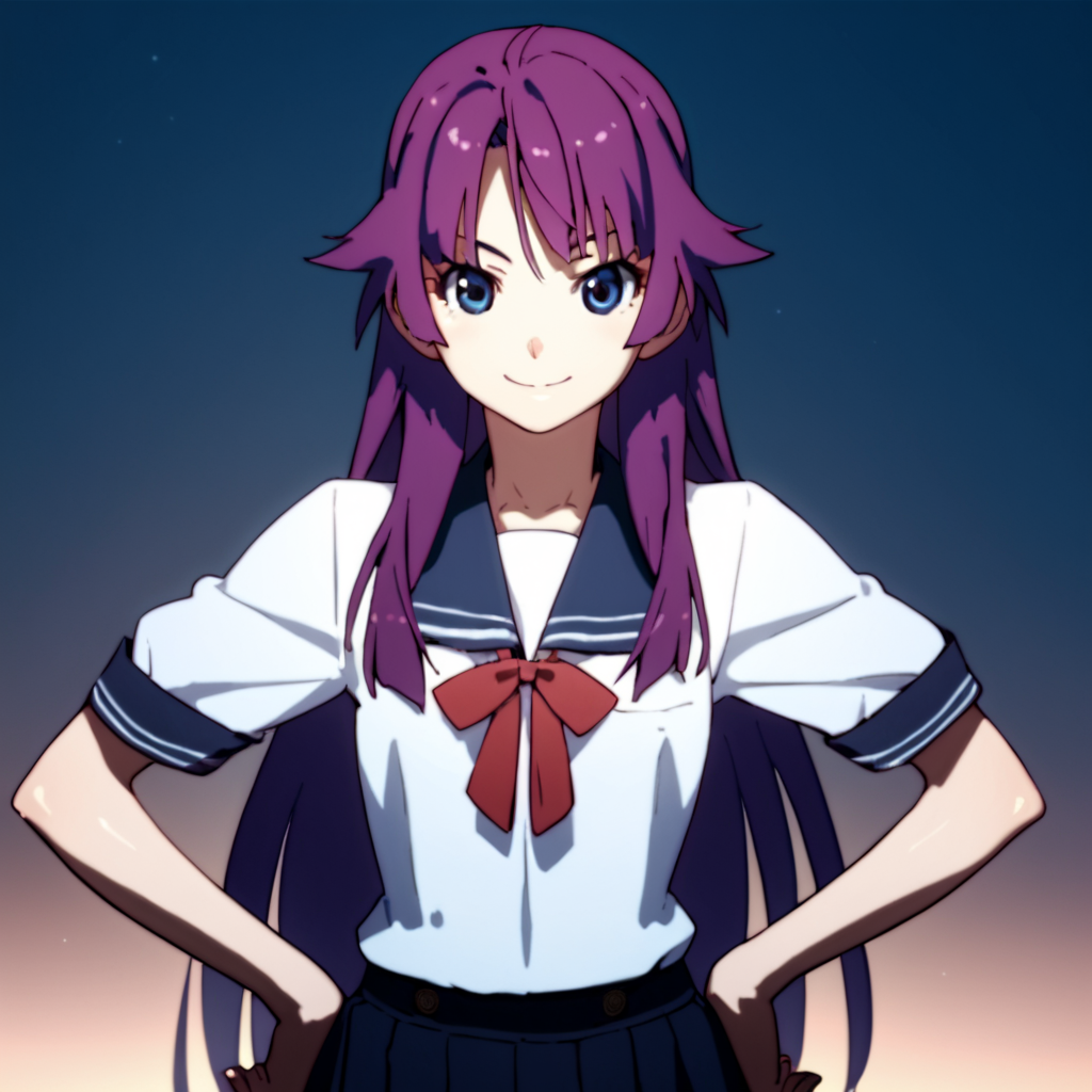 score_9, score_8_up, score_7_up, score_6_up, score_5_up, score_4_up, source_anime, , Hitagi, long hair, blue eyes, purple hair, school uniform, , soft smile, standing, hands on hips