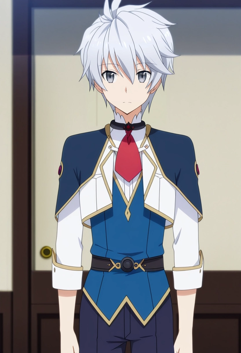 masterpiece, best quality, anime screencap, official style, anime coloring, cowboy shot, 1boy, solo, male focus, <lora:lux_arcadia_ilxl:0.9>, lux_arcadia, grey hair, grey eyes, short hair, hair between eyes, school uniform, red ribbon, capelet,