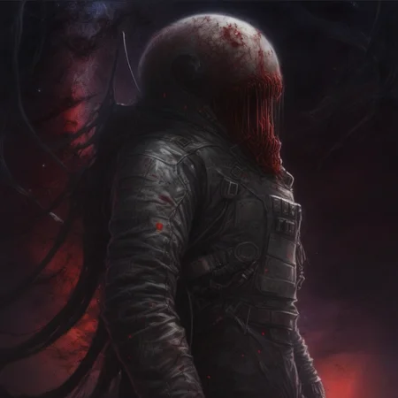 cloud, monster, monitor, closed mouth, red eyes, looking up, starry sky, jacket, spacecraft, blood, from behind, pants, beard, pillar, death, armor