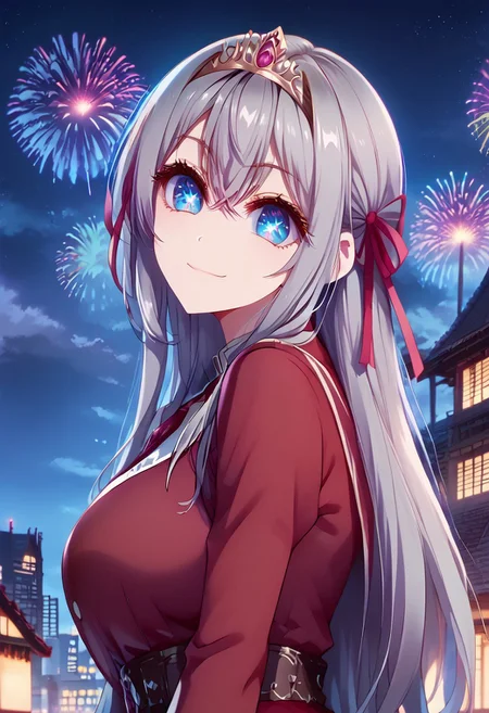 score_9, score_8_up, score_7_up,source_anime, jvdaniang, planet size, 1girl, alyav4, long hair, grey hair, blue eyes, ribbon, hair ribbon, hair between eyes, symbol-shaped pupils, eyelashes, tiara, g0dd3ss, dress, lace high heels, large breasts, night scene, sitting on ass, sitting on table(building), surrounded by buildings, entire body shot, facial expression, kind, smile, head tilt, soft eyes, dreamlike atmosphere, fireworks, glowing edges, mystical, high contrast, ethereal light, side view, gl0w, glow, Extreme Size Difference, gradient eyes, beautiful detailed eyes, high gradient eyes, detailed eyes, high definition eyes,
