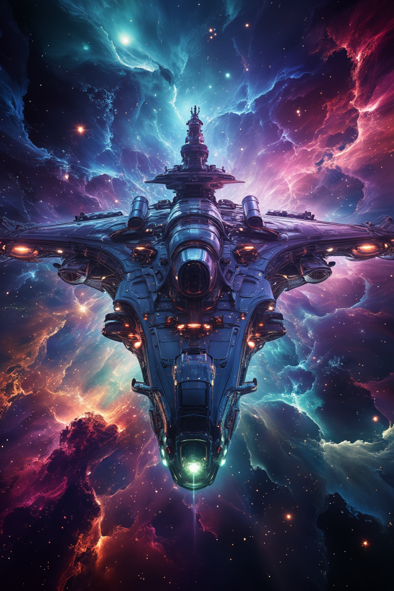 A hyper-realistic, surreal scene of an imperial space battleship constructed from the rare material, showcasing a dazzling exterior and an ultra-modern, avant-garde design. The battleship, captured at a 45-degree angle, appears sleek and formidable as it travels at faster-than-light speeds through vibrant cosmic nebulas. The ship's gleaming surfaces reflect the colorful lights of the nebula, emphasizing its striking, high-contrast, and high-saturation appearance. The entire setting is imbued with a surreal sci-fi aesthetic, highlighting the futuristic elegance and mystery of the vessel as it navigates the vastness of space.
<lora:Space-flux:0.85> noc-space,
<lora:aidmaGLOWV4wc:0.6> aidmaGlow,
<lora:edgy_fashionista_flux_ntc_v2:0.5>,
<lora:bokeh_flux_ntc:0.5>,
<lora:detailed_flux_ntc:0.5>