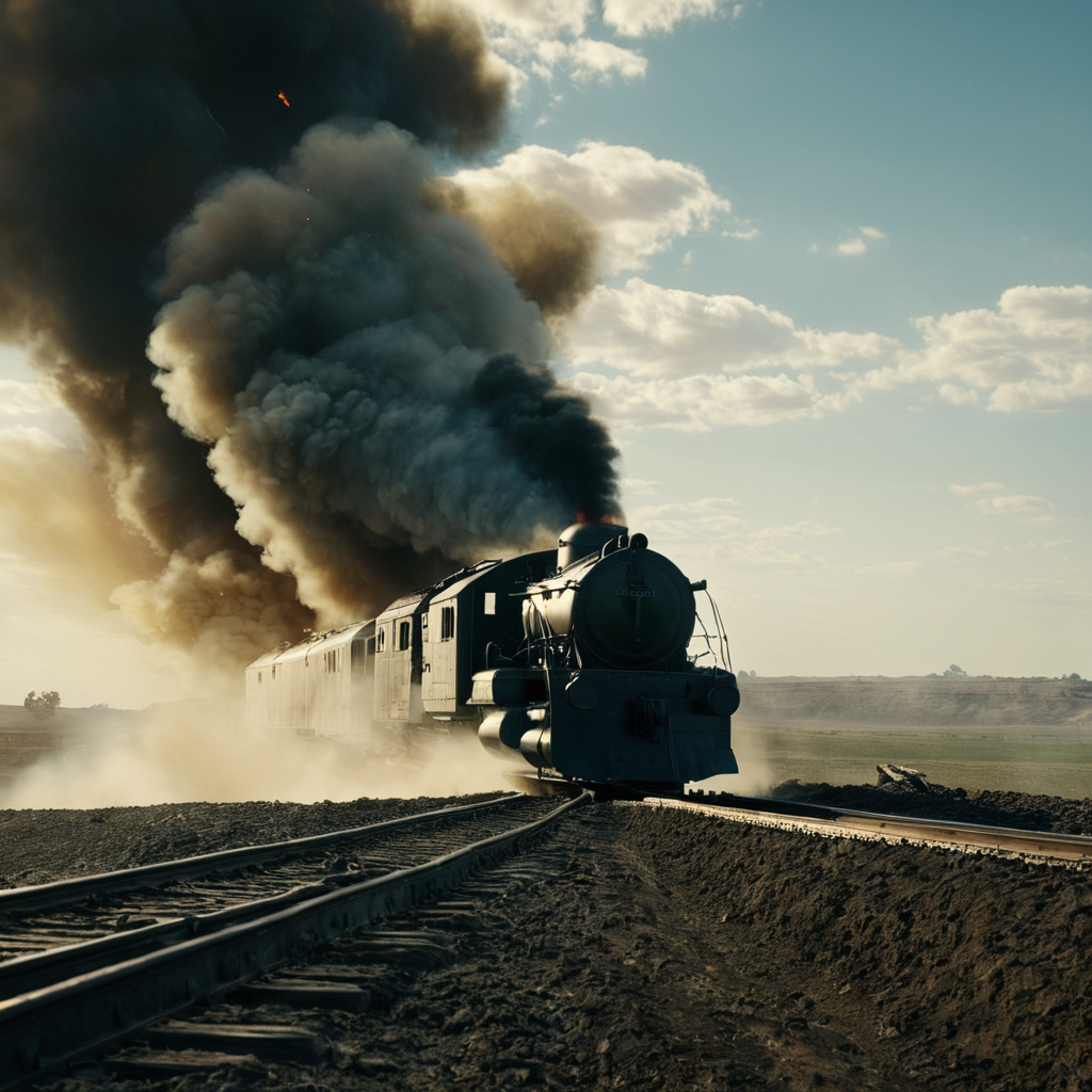 cinematic film still of  <lora:Battlefield ww1 style:1>
a battle train with a military plane flying over it battlefield ww1 style,outdoors,sky,day,cloud,blue sky,military,no humans,fire,ground vehicle,scenery,motor vehicle,smoke,sand,militar,explosion,firing,desert,dust , war, war zone, battle, warrior, soldier, dark themed, cinematic, film look, world war 1, first world war, ww1, military, dramatic light, shallow depth of field, vignette, highly detailed, high budget, bokeh, cinemascope, moody, epic, gorgeous, film grain, grainy