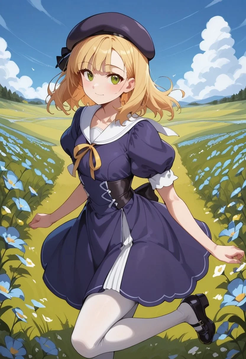 score_9, score_8_up, score_7_up, source_anime, (1girl),(solo:1.9)
BREAK,
HDA_MasterpieceXL_v.1,perfect hands
BREAK
1girl: <lora:Rosalie ST300N-v:1>, solo,1girl,Rosalie,blonde hair, small hair, green eyes, purple dress, 
purple beret,long stockings, white stockings, black shoes, small breasts,
BREAK
 pose sexy, outside, meadow, flowers, blue sky, clouds