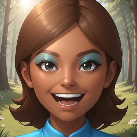 score_9, score_8, BREAK, solo, wii, mii, wii sports, 1girl, female mii, black eyes, brown hair, brown eyebrows, blue eyeshadow, dark skin, open mouth, cyan clothing, white pants, sneakers, nintendo mii, modern_mii, classic_mii, breasts, haruka_(wii_sports), cute, sexy pose, smile, outdoors, sunlight, shadows, evening lighting, natural lighting, forest, trees, grass, orange sky, sunset