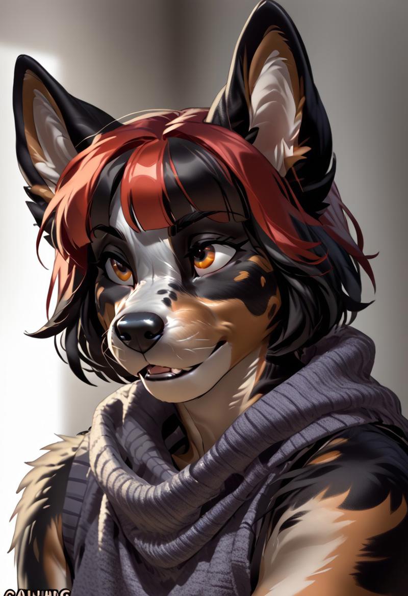score_9, score_8_up, score_7_up, (by kittydee:1.5), (by jailbird:1.5), (by zummeng:1.5), masterpiece, best quality, (solo), 
(Furry Art: Anthro: Australian Cattle Dog:1.5), expressive eyes, feminine eyes, perfect face, feminine face, large breasts, perfect face, orange eyes, streaked hair, red hair with orange highlights, (bob cut hair), (blunt bangs),