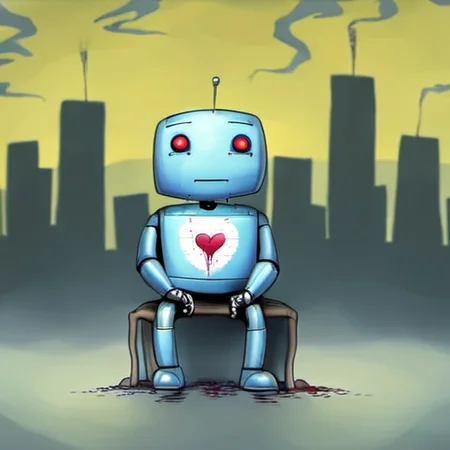 a sad lonly robot without a visible broken heart in a big city <lora:rob_sheridan_drawing_style:1>