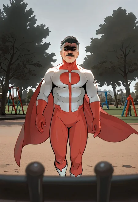 masterpiece, newest,absurdres,incredibly absurdres, best quality, amazing quality, very aesthetic,
, depth of field, blurry foreground, bokeh,park, playground, palmeras, solo, 1 ,male, muscle male,
Omnimman,skintight suit, red O shaped chest emblem,red gloves, red colored suit's lower part, red cape, white boots,moustache, old man, gray hair, Nolan grayson, black hair on top,Multi colored hair,
,flying, extended hands, happy, smile, cute,
re4lity_sync_illu,shaded face, (black face:1.2),
