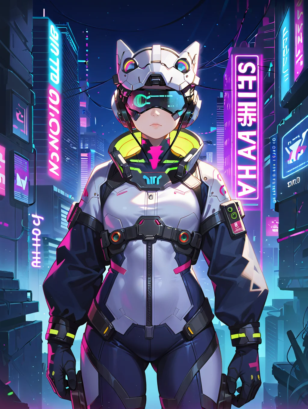 score_9, score_8_up, score_7_up,source_anime,
science fiction, cowboy shot, cyberpunk, cityscape, neon lights, rgb lights,
mechagirl01,solo,1girl,headgear,battlesuit, head-mounted display,
<lora:mechagirl-000002:0.7>