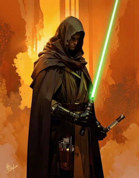 Art by Richard Anderson. A digital illustration shoot from a front camera angle about a mysterious figure in a hooded cloak wielding a glowing green lightsaber, set against an orange, smoky background. the image also shows a dynamic and intense atmosphere, with the character in the middle of the frame, standing in the center of the image. the character, who appears to be a jedi, is facing the viewer with a determined expression, and is wearing a dark, hooded robe that clings to their body, and a pair of black gloves on their hands. they are positioned in a dynamic pose, with one hand on their hip and the other holding the lightsaber in a way that suggests they are about to engage in a battle. the background is a gradient of warm orange and yellow hues, with a smoky effect, and the character's signature is visible in the bottom left corner. the lighting is dramatic, casting a golden glow on the character and creating a sense of power and intensity.