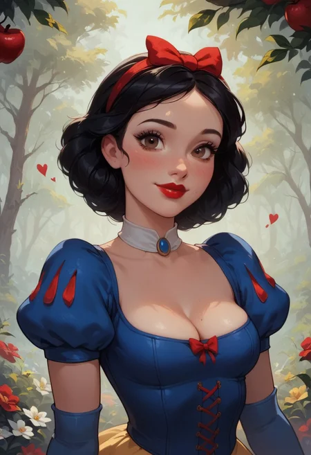 score_9, score_8_up, score_7_up, score_6_up, score_5_up, score_4_up, sexy girl, 1girl, Snowwhite, Disney, \(Snow White and the Seven Dwarfs\)/,(ultra HD quality details), brown eyes, black hair, bobbed hair, pale skin, blue sleeves with red slashing, puffy sleeves, yellow skirt, laced petticoat, dress, white collar,
makeup, red lipstick, red hair bow, modest smile, modest look, seducing viewer, hearts, posing, sexy pose, solo, hairband, large saggy boobs, fantasy forest, apple tree, submission, flowers, sun light, cinematic lightings