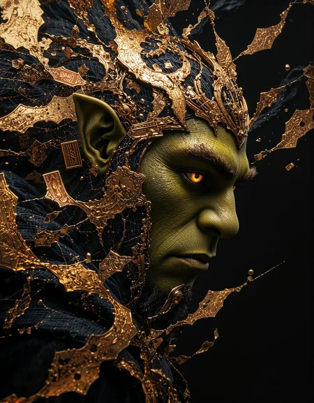A captivating and vibrant portrait of a an evil Shrek's profile, boldly rendered with overlapping layers of dynamic, geometric patterns inspired by Art Deco. Intricate, gold-edged vintage stamps, some appearing slightly distressed, are layered over a base of deep blacks. Abstract brushstrokes of gold and deep ochre create a sense of motion and depth, with the Shrek's face partially obscured by the dynamic design. His cheek, sculpted with sharp angles, is just visible, emerging from the overlapping patterns. The strong contrast between the rich blacks and shimmering gold evokes a feeling of ominous and awe. The textured surface of the stamps suggests the tactile quality of aged paper and ink, subtly echoing the smooth, almost metallic sheen of the gold accents. The bold colors and intricate patterns create a powerful, modern composition, inviting the viewer to dissect each element and trace the interplay of lines and shapes, while the hidden face conveys a sense of mystery and inner resilience. The painting's overall energy is palpable, demanding attention and encouraging exploration of its hidden stories and adventures. <lora:flux.1_lora_flyway_Epic-detail_v2:0.8> <lora:Elden_Ring_-_Yoshitaka_Amano:0.5> <lora:anhei_first_flux_lora_v1:0.7> anhei