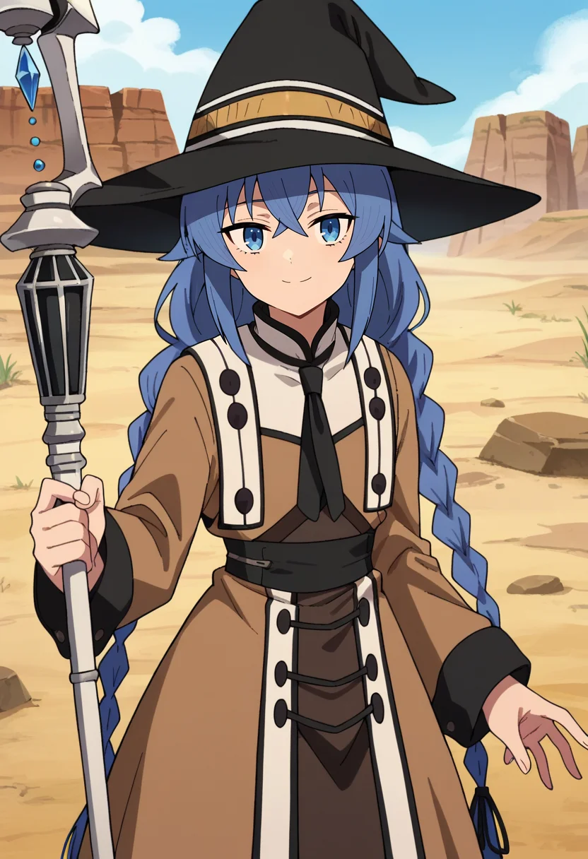 score_4, score_5, score_6, score_9, score_8_up, score_7_up, source_anime,
<lora:MushokuTensei_RoxyMigurdiaXL:0.8>, RoxyMigurdia,
1girl, closed mouth, smile,
blue hair, twin braids, long hair, bangs, blue eyes,
RoxyAltOutfit, black hat, brown dress, black necktie, long sleeves, staff,
looking at viewer, facing viewer,
outdoors, desert, stone