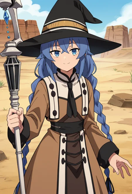 score_4, score_5, score_6, score_9, score_8_up, score_7_up, source_anime,
<lora:MushokuTensei_RoxyMigurdiaXL:0.8>, RoxyMigurdia,
1girl, closed mouth, smile,
blue hair, twin braids, long hair, bangs, blue eyes,
RoxyAltOutfit, black hat, brown dress, black necktie, long sleeves, staff,
looking at viewer, facing viewer,
outdoors, desert, stone