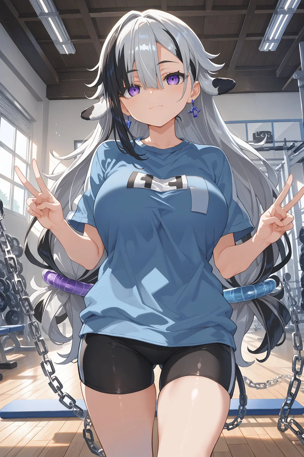 score_max, (score_9, score_8_up, score_7_up:1.2), score_6_up, official art, source_anime,
masterpiece, absurdres, high detail,
gymnasium, wooden floor, pov,
standing, double v,
dia, cow ears, two-tone hair, streaked hair, low-tied long hair, chains, gym shirt, large breasts, bike shorts,
<lora:XL_Pony_MGCM-acedia-t1:1>