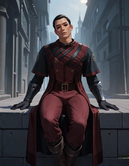 cinematic_depth, 8k, soft_lighting, warm_glow, ultra_high_quality, masterpiece, best quality, newest, perfect quality, best quality, detailed background, intricate details, male focus, solo, realistic, <lora:SWTOR - Vector Hyllus - Illustrious-000004:0.7>, swtor_vector, 1boy, black hair, short hair, sideburns, solid eyes, black sclera, long coat, belt, red pants, boots, wrist bracers, gloves, outdoors, upper body, three quarter view, looking at viewer, head tilt, sitting, on wall