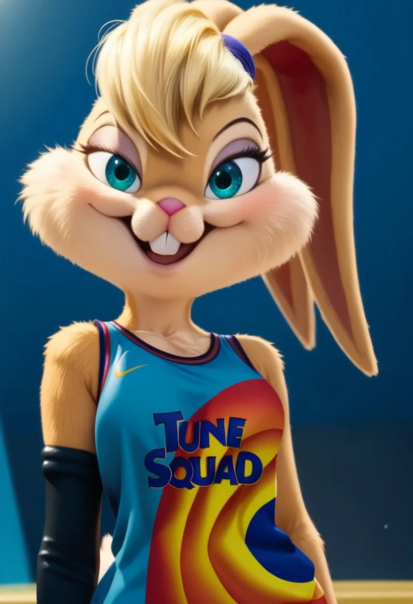 score_9, score_8_up, score_7_up, Expressiveh, masterpiece, best quality, highly detailed, realistic, 1girl, solo, (LBSJ2, furry, anthro, lagomorph, bunny, blonde hair, short hair, ears ties back, aqua eyes, black eyebrows, thin eyebrows, pink nose, orange body, orange fur, tan body, tan fur, two tone body, two tone fur, buckteeth, clothed, blue topwear, basketball jersey, black armwear, blue short shorts, blue bottomwear), upper body, close-up, blue background, simple background, open mouth, smile, tongue, purple hair tie, looking at viewer, standing, hands behind back, one eye closed, (ultra realistic, 32k, masterpiece:1.2), (high detailed skin:1.1), (high quality:1.1), bokeh, luminescent background,